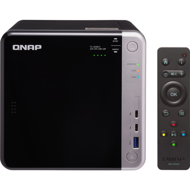 channel QNAP TS-453BT3-8G NAS 4 HDD trays, 2 HDMI, 1 x 10 GbE BASE-T, 2 x ports Thunderbolt 3. 4-core Intel Celeron J3455 1,5 GHz (up to 2,3 GHz), 8 GB