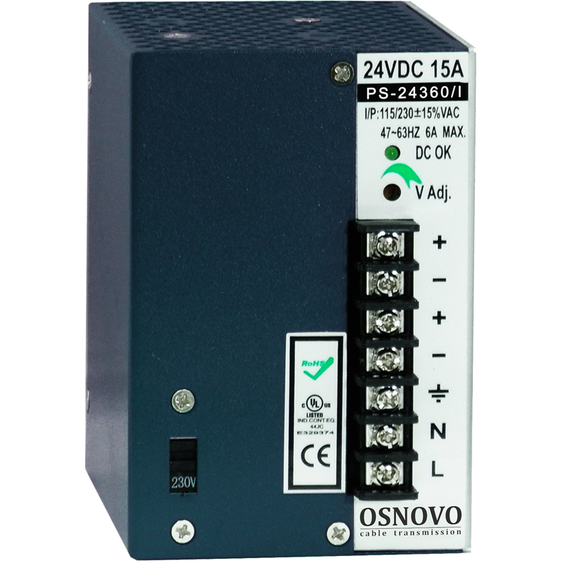 Блок питания/ OSNOVO Промышленный блок питания. DC24V, 15A (360W). Диапазон входных напряжений: AC195-265V