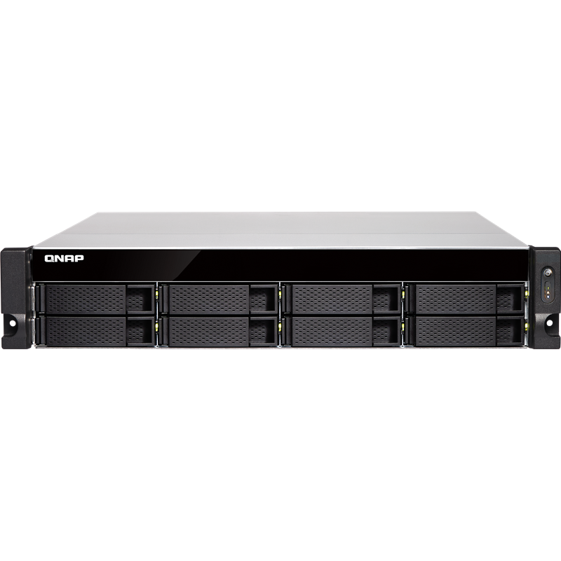 SMB QNAP TVS-872XU-RP-i3-4G 8-Bay NAS, Intel Core i3-8100 4-core 3.6 GHz Processor, 4 GB UDIMM DDR4 (1 x 4GB), 8x 2.5"/3.5" SATA HDD/SSD, 4x GbE LAN, 2 x 10GbE SFP+ , 2xPSU , 2U rackmount. W/o rail kit RAIL-B02