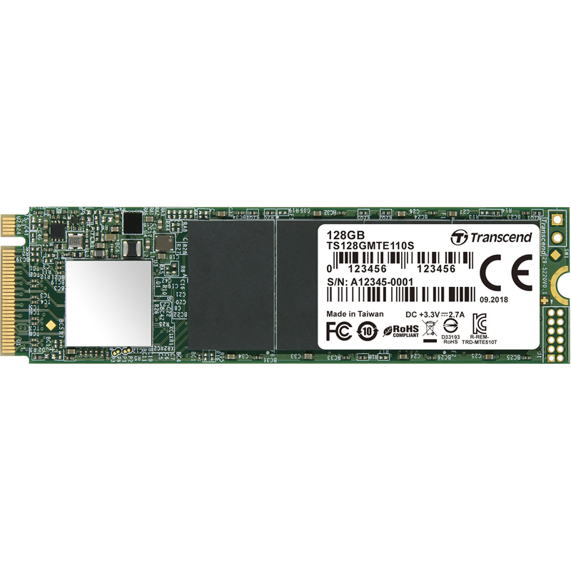 Твердотельный накопитель/ Transcend SSD MTE110S, 128GB, M.2(22x80mm), NVMe, PCIe 3.0 x4, 3D TLC, R/W 1500/550MB/s, IOPs 95 000/130 000, TBW 50, DWPD 0.2 (5 лет)
