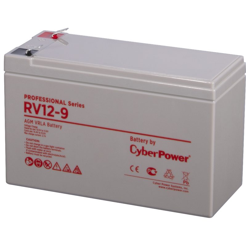 Battery CyberPower Professional series RV 12-9, voltage 12V, capacity (discharge 20 h) 9Ah, capacity (discharge 10 h) 8.5Ah, max. discharge current (5 sec) 120A, max. charge current 2.7A, lead-acid type AGM, terminals F2, LxWxH 151x65x94mm., full height w