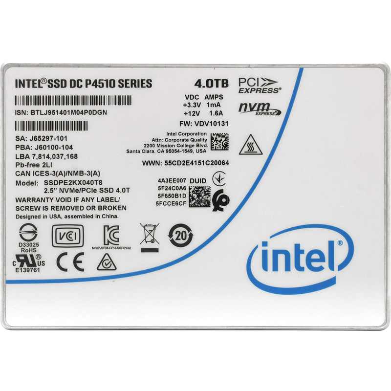 Intel SSD DC P4510 Series, 4.0TB, U.2(2.5" 15mm), NVMe, PCIe 3.1 x4, TLC, R/W 3000/2900MB/s, IOPs 636 500/111 500, TBW 6300, DWPD 1 (12 мес.)