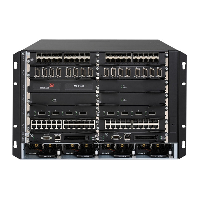 Маршрутизатор/ Brocade MLXe-8 AC system with 1 MR2 (M) management module, 2 high speed switch fabric modules, 2 1800W AC power supplies, 2 exhaust fan assembly kits and air filter. Power cord not included