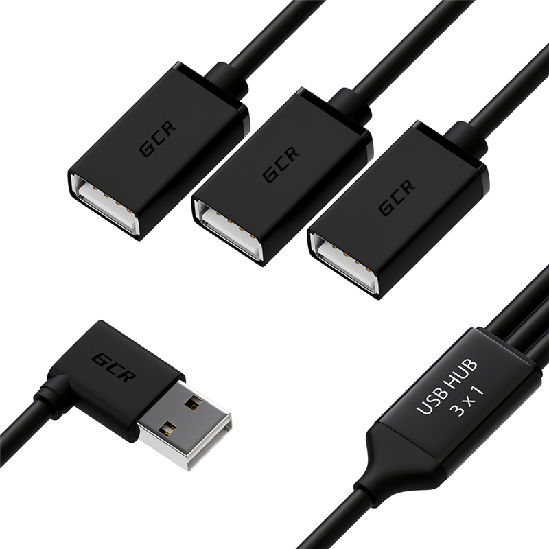 Greenconnect USB 2.0 Хаб гибкий 0.35m для 3-х устройств одновременно, двусторонний угловой AM / 3 х AF, черный, GCR-51545