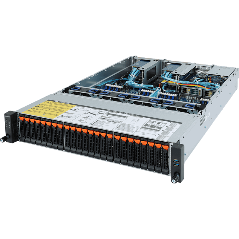 Gigabyte R282-Z92 - 2U, 2*Socket SP3 (AMD EPYC 7002), 32*DDR4 DIMM, 24*2.5" NVMe HS + 2*2.5" SATA rear + 1*M.2, 2*PCIe x8 Gen4, 2*1Gb/s (Intel I350-AM2) + 1*Mgmt LAN, Aspeed AST2500, 2*1600W 80+ Platinum RPSU