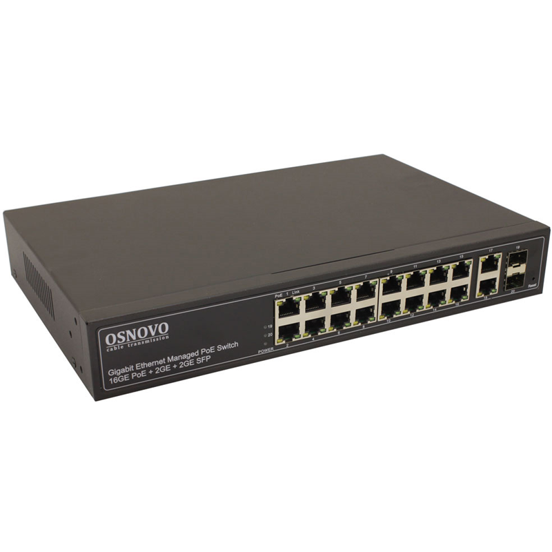Коммутатор/ OSNOVO Управляемый L2 PoE коммутатор Gigabit Ethernet на 16 RJ45 PoE + 2 x RJ45 + 2 GE SFP портов, до 30W на порт, суммарно до 300W