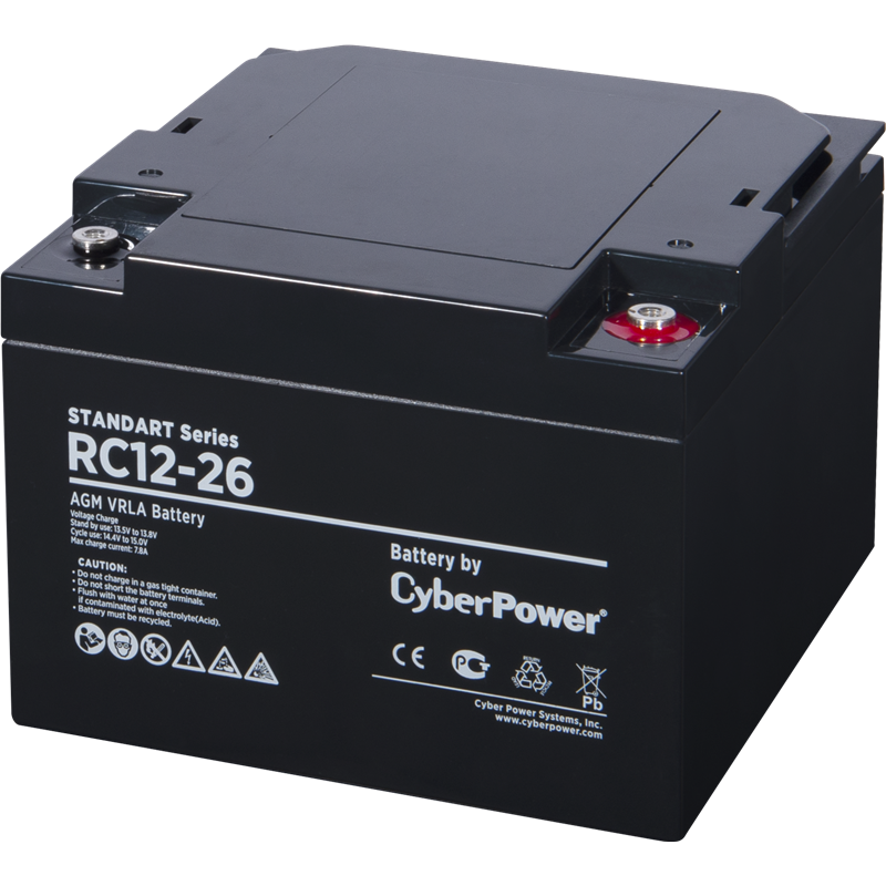Battery CyberPower Standart series RС 12-26, voltage 12V, capacity (discharge 20 h) 26Ah, max. discharge current (5 sec) 375A, max. charge current 7.8A, lead-acid type AGM, terminals under bolt M6, LxWxH 166x175x125mm., full height with terminals 125mm., 