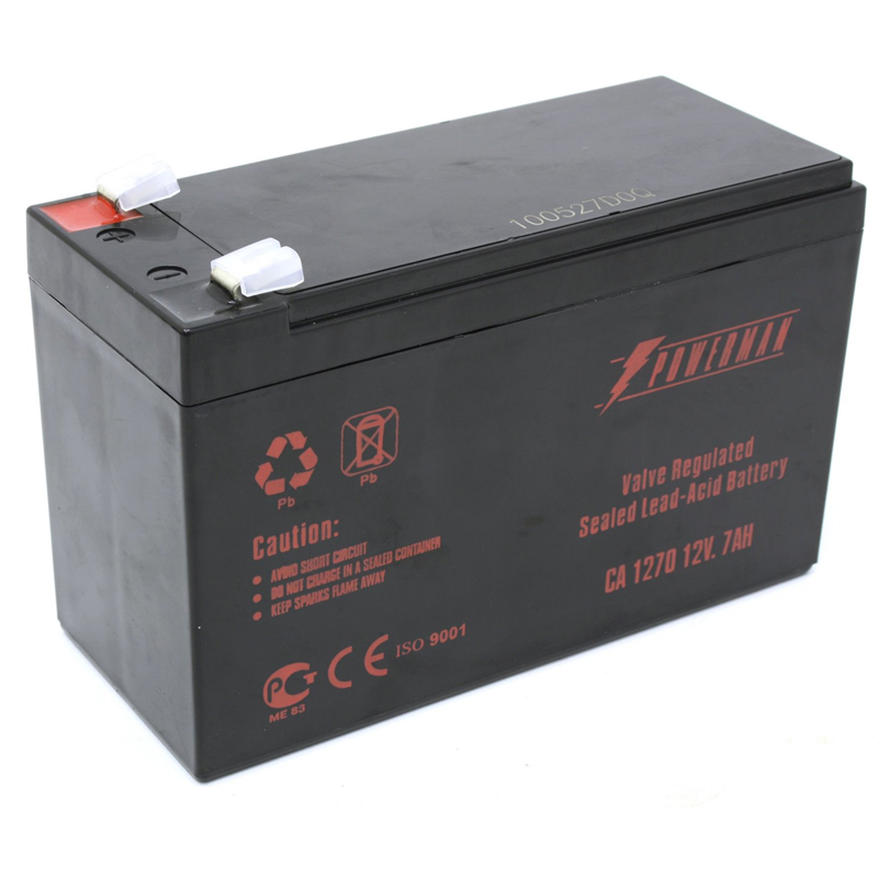 Батарея POWERMAN Battery CA1270, напряжение 12В, емкость 7Ач,макс. ток разряда 105А, макс. ток заряда 2.1А, свинцово-кислотная типа AGM, тип клемм F2, Д/Ш/В 151/65/94, 2.2 кг./ Battery POWERMAN Battery CA1270, voltage 12V, capacity 7Ah, max. discharge cur