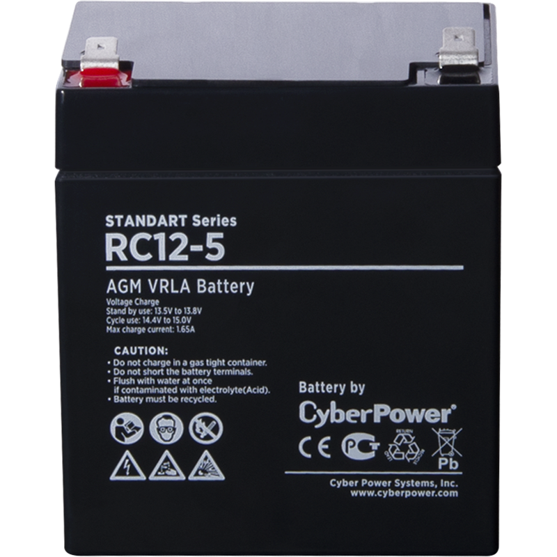 Battery CyberPower Standart series RС 12-5, voltage 12V, capacity (discharge 20 h) 5Ah, max. discharge current (5 sec) 70A, max. charge current 1.65A, lead-acid type AGM, terminals F2, LxWxH 90x70x101mm., full height with terminals 107mm., weight 1.7kg., 