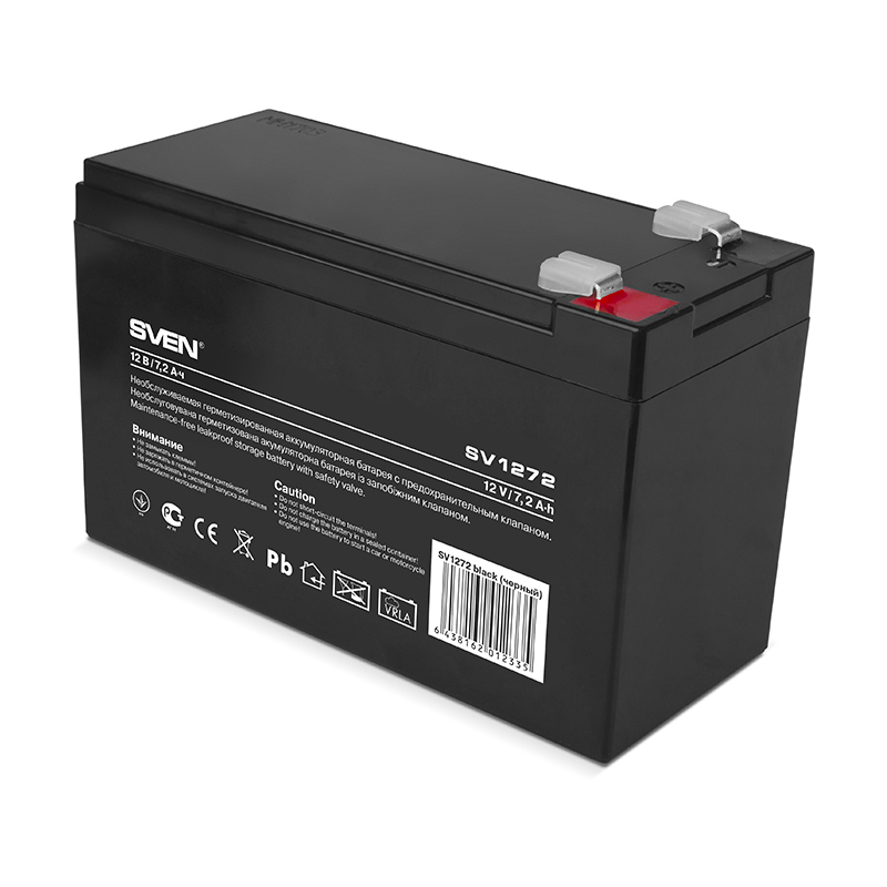 Батарея SVEN SV 1272 (12V 7.2Ah), напряжение 12В, емкость 7.2А*ч, макс. ток разряда 105А, макс. ток заряда 2.1А, свинцово-кислотная типа AGM, тип клемм F2,/ Battery SVEN SV 1272 (12V 7.2Ah), 12V voltage, 7.2A*h capacity, max. discharging rate of 105A, max