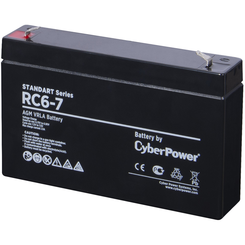 Battery CyberPower Standart series RС 12-4.5, voltage 12V, capacity (discharge 20 h) 4.5Ah, max. discharge current (5 sec) 50A, max. charge current 1.35A, lead-acid type AGM, terminals F2, LxWxH 90x70x101mm., full height with terminals 107mm., weight 1.5k