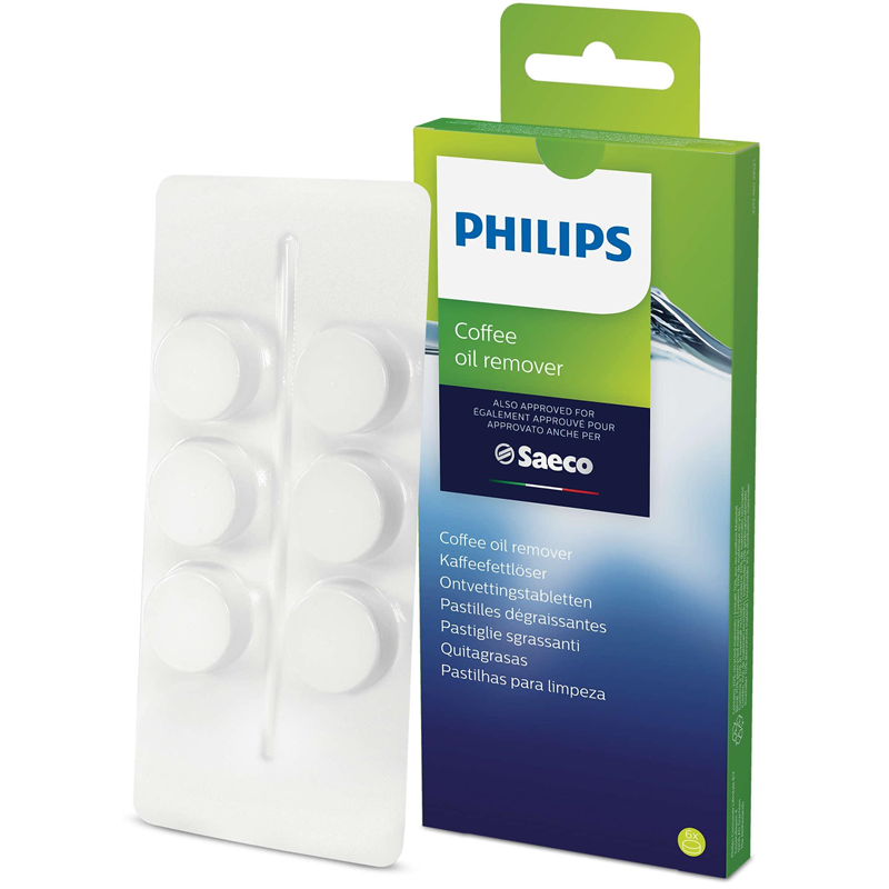 Бытовая химия Philips/ Очищающие таблетки от кофейных масел Saeco, для автоматических кофемашин Saeco, на 6 использований, вес продукта: 0.1 кг, количество в упаковке: 6 по 1.6 г каждая, материал упаковки: картон